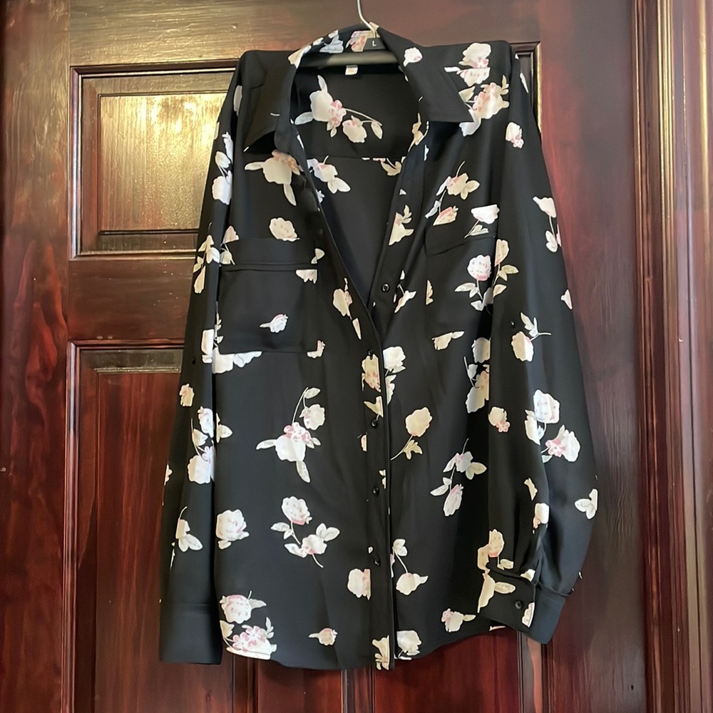 Navy blue button down with white/light pink and purple flowers